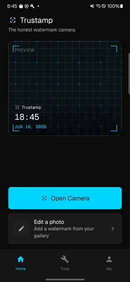 Trustamp home screen with a live watermark stamp preview and the Open Camera button