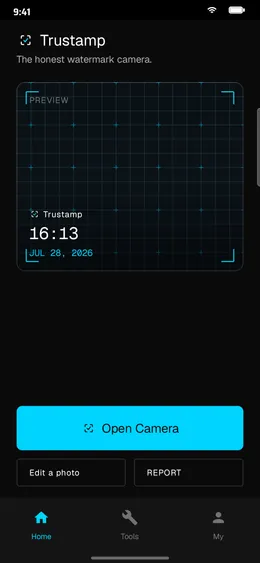 Trustamp home screen with a live watermark stamp preview and the Open Camera button