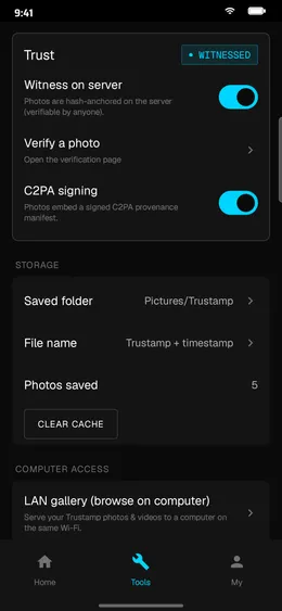 Trustamp Tools screen showing the Witness on server toggle switched on, plus verify and C2PA signing options