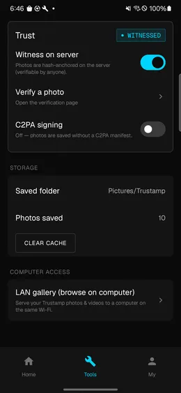 Trustamp Tools screen showing the Witness on server toggle switched on, plus verify and C2PA signing options